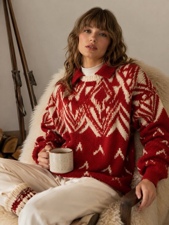 Boston Traders Sweaters - Boston Traders Vintage Geometric Wool Sweater Red Ivory Collared Chunky Knit